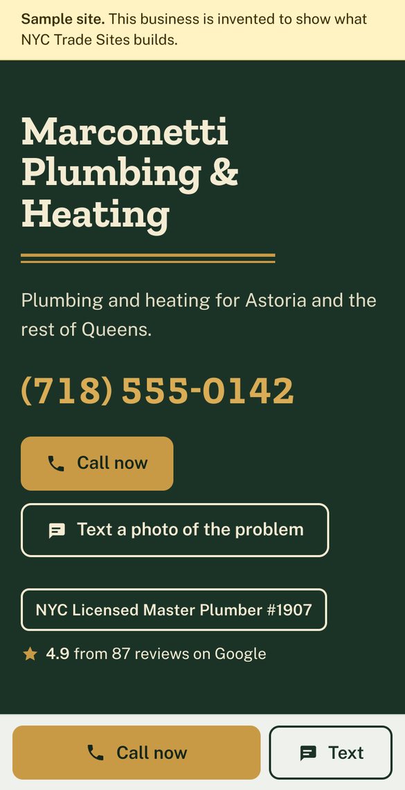 Phone screenshot of a sample plumbing and heating, astoria website