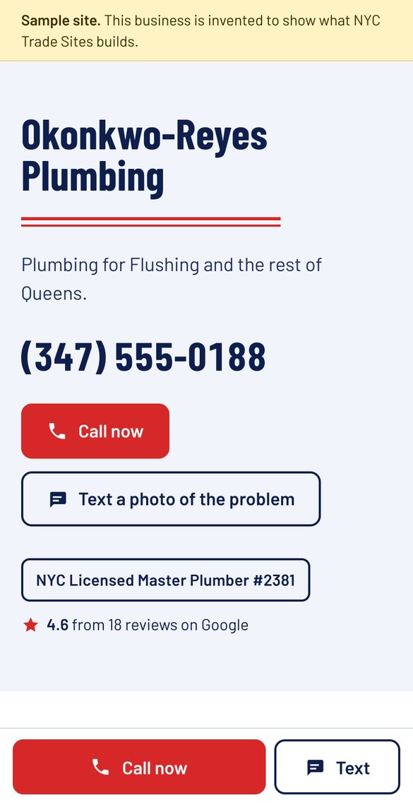 Phone screenshot of a sample plumbing, flushing website